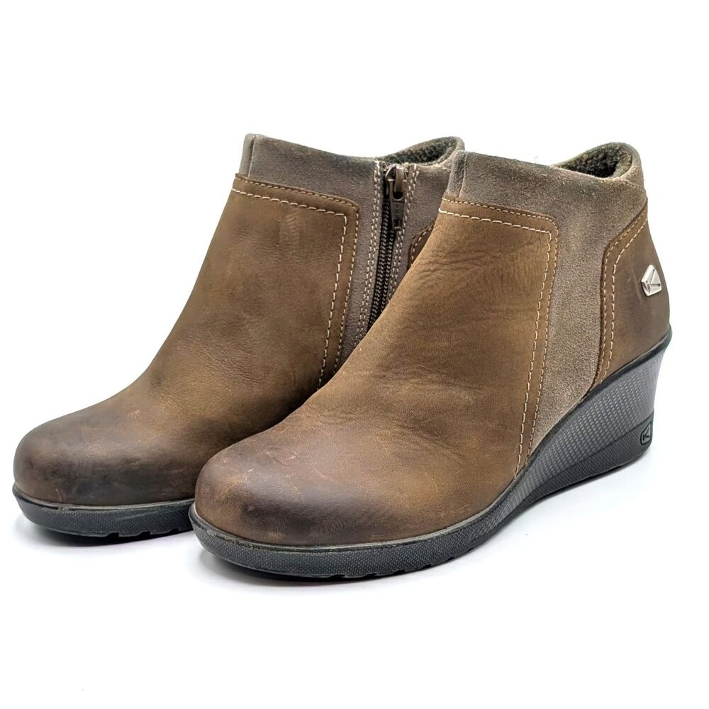 Keen Wedge Heel Side Zip Ankle Booties Brown Leather Women's Size 6.5